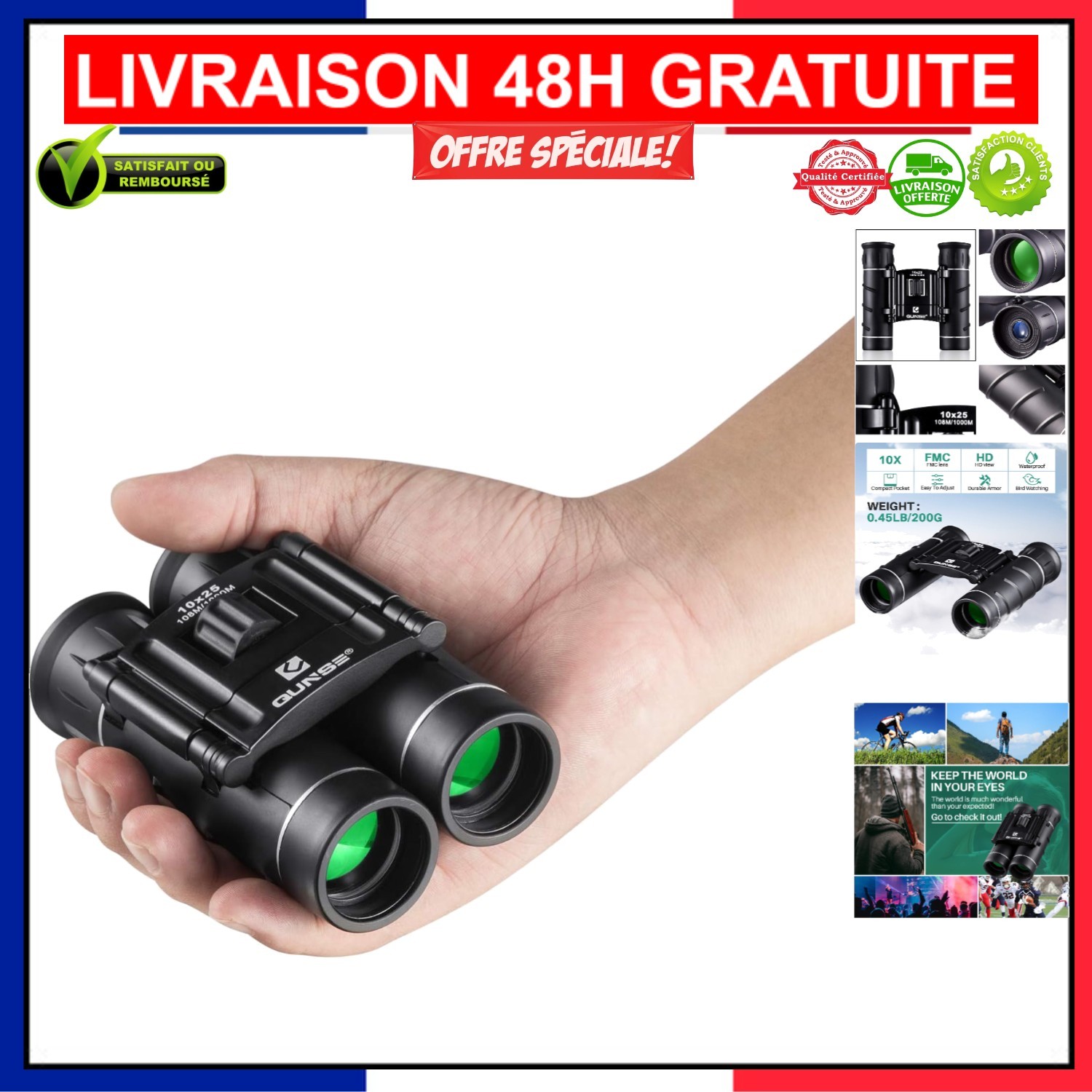 Jumelles pliables 10x25 Qunse pour corriger la fatigue oculaire lors des concerts