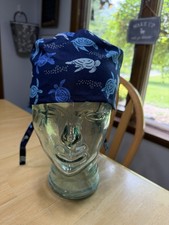 Handmade Turtle Print Tie-Back Scrub Cap, Blue Cotton, One Size