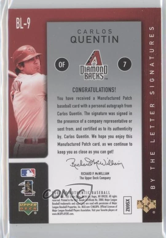 2007 SP Authentic By the Letter Signatures /75 Carlos Quentin (Letter O) Auto - Image 2 of 2
