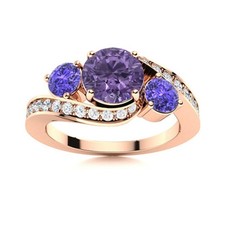 925 Sterling Silver Rose Plated 5MM Round Amethyst  Tanzanite Three Stone Ring