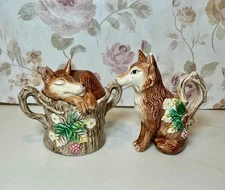 Vintage FITZ & FLOYD Sugar & Creamer Reynard Brown Fox Woodland Majolica 1991
