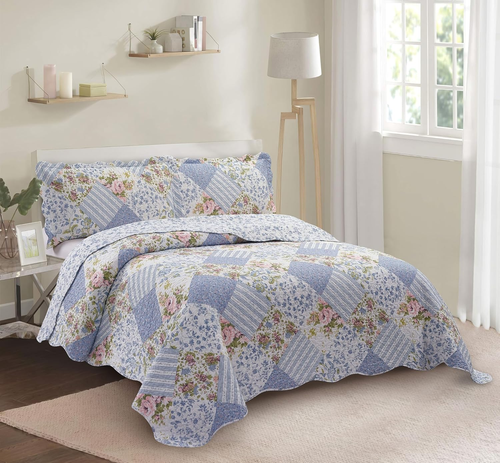 Blue Rose Patchwork, 3-Piece Quilt Set with 2 Shams, Reversible Bedspread, Soft