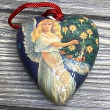 Vintage Christmas Ornament Paper Wrapped Heart Shape Blue Green Angel 2.5”