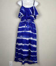 Express XS Blue White Ruffle Midi Dress Baby Doll Y2K 100% Polyester