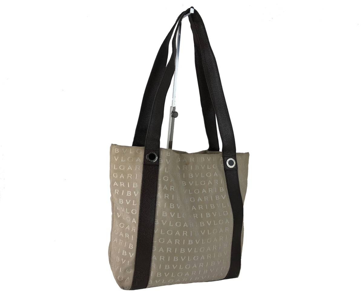 BVLGARI Logo Tan Brown Canvas & Leather Tote Hand Bag Shoulder Bag