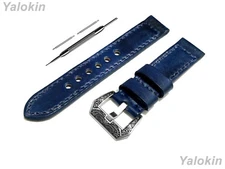 Blue Brushed 18mm-25mm Double Sided Stitched Leather Band Strap for Watches 