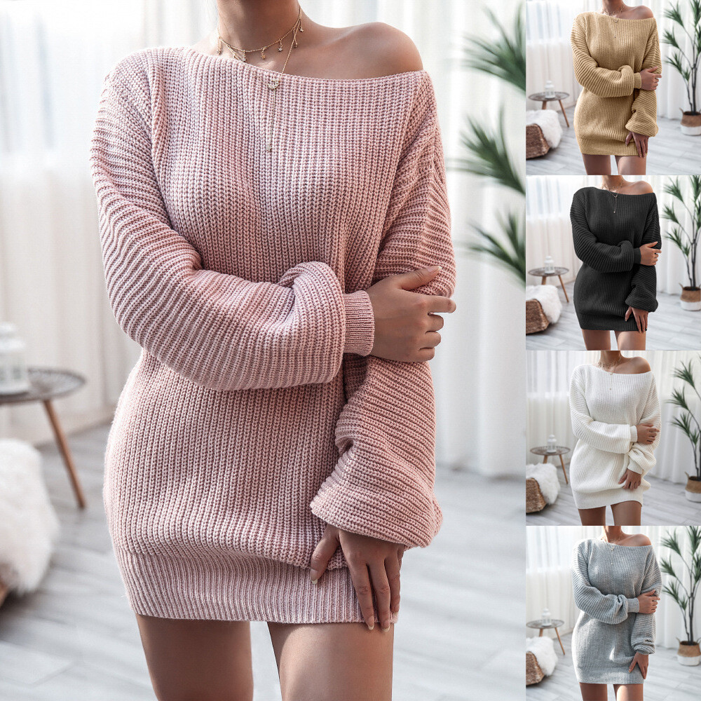 Women's Sweater Sweater Dress Casual Soft Pure Color Ribbed Off Shoulder Knitted Long Sleeve Long Tops Knit Outdoor Daily Weekend White Pink Fall