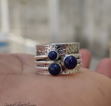 Lapis Lazuli Spinner Ring: Sterling Silver Three-Tone Leaf Ring All Size R 482