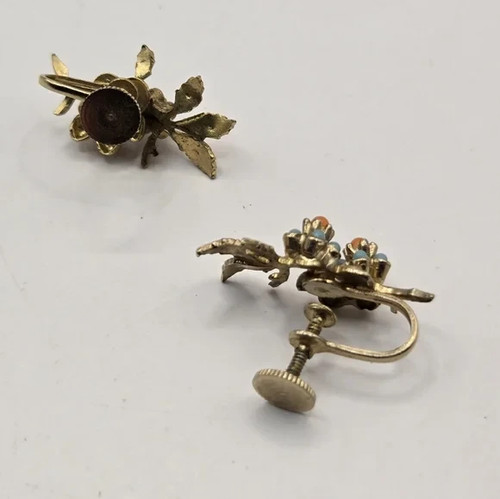 50's Turquoise Floral Earrings Clip-On Screw Back Stud Multi-Color Statement VTG - Picture 6 of 7