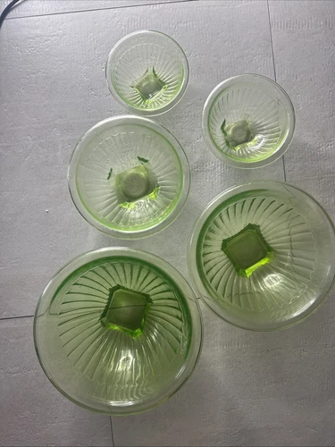 Vtg Hazel Atlas Uranium Depression Glass Nested Rib Design Mixing Bowls Set Of 5