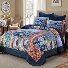 Navy Patchwork Quilt Set King Size Blue Bedspread Boho Paisley Floral Pattern Qu