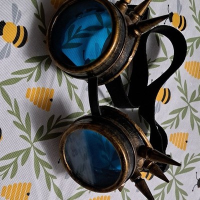 Steampunk Costume Goggles Spiked Bronze Frame Blue Lenses w/ Black Strap