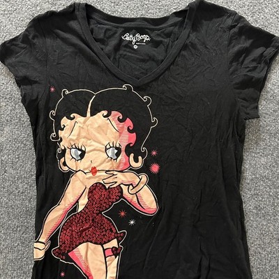 Betty Boop T-Shirt Womens Size M Black Cotton Graphic Sequin Dress Sleepwear Tee