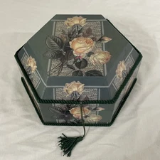 10.5” x 9” x 5” Green Floral Cardboard Storage Trinket Box Sewing Bin HANDLE!