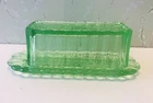 Vintage Depression Style Butter Dish With Lid And Grape Pattern Green Glass