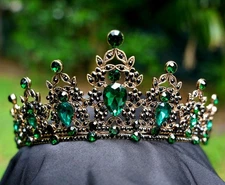 Green Crystal Tiara Bridal Goth Black Crown Birthday Wedding Gift Diadem Vintage