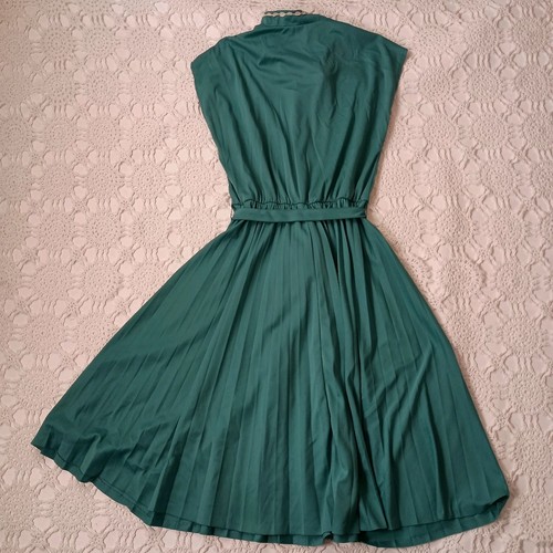 Vtg 70s Fit Flare Dress Teal Blue Pleat Skirt Knee Length Medium Small Women - Picture 8 of 8