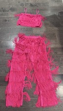 Dance Costume Small Adult Pink Fringe Crop Top & Pant