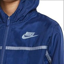 Nike Boys XL Hooded Windbreaker Blue Lightweight Jacket Sporty Reflective Stripe