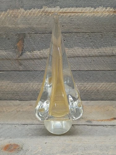 Murano Glassware 7.5 Inch Hand Blown Art, Made In Italy, Pyramid, Gold