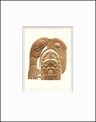 ''Gold''  THE RAVEN STEALS THE SALMON by Haida, Bill Reid - 11'' x 14'' Matted print