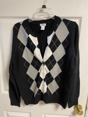 womens IZOD cardigan sweater argyle pattern black 
