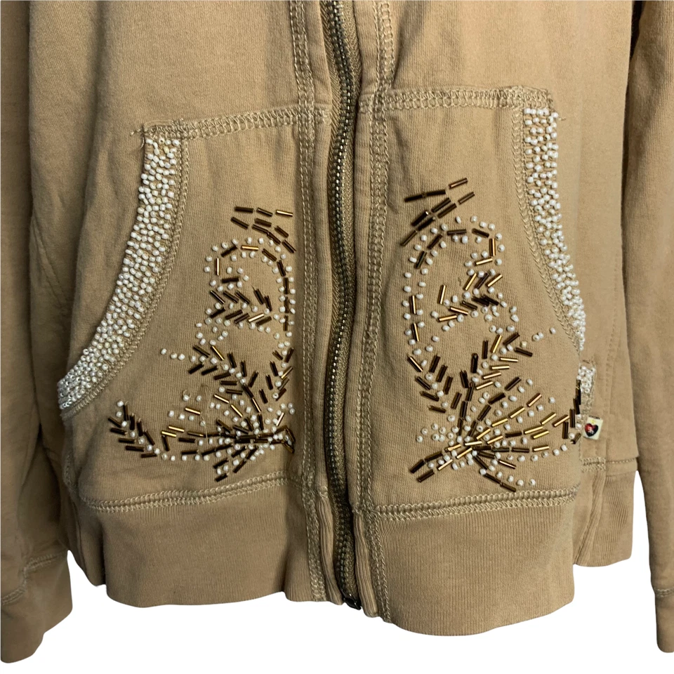 Vintage Y2K Twisted Heart Beaded Full Zip Sweatshirt Womens M Beige - Image 4 of 4