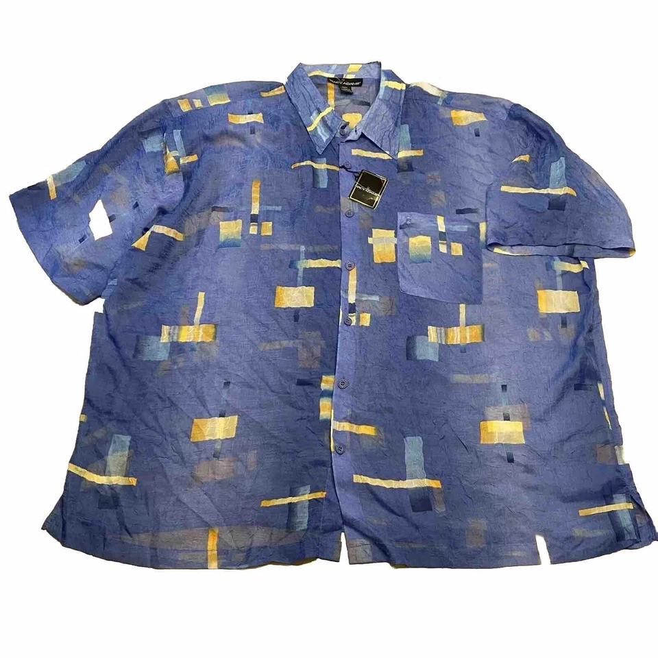 NUEVA STACY ADAMS Camisa Azul Transparente Geométrica Abotonada Para Hombres 3XL Corta Slv Arrugada Foto 3 de 4