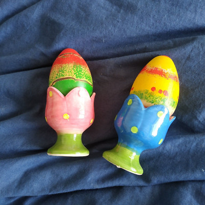 2 Stück Osterei Deko Holz Holzeier Deko Keramikschale