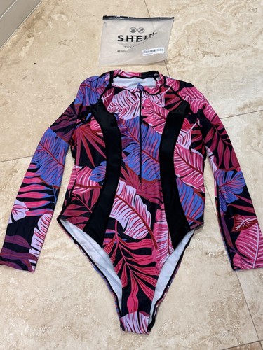 SPRTY Women L/S Tropical Leaf Print One-piece Swimsuit--Rashguard-Surf -Sz. XL -