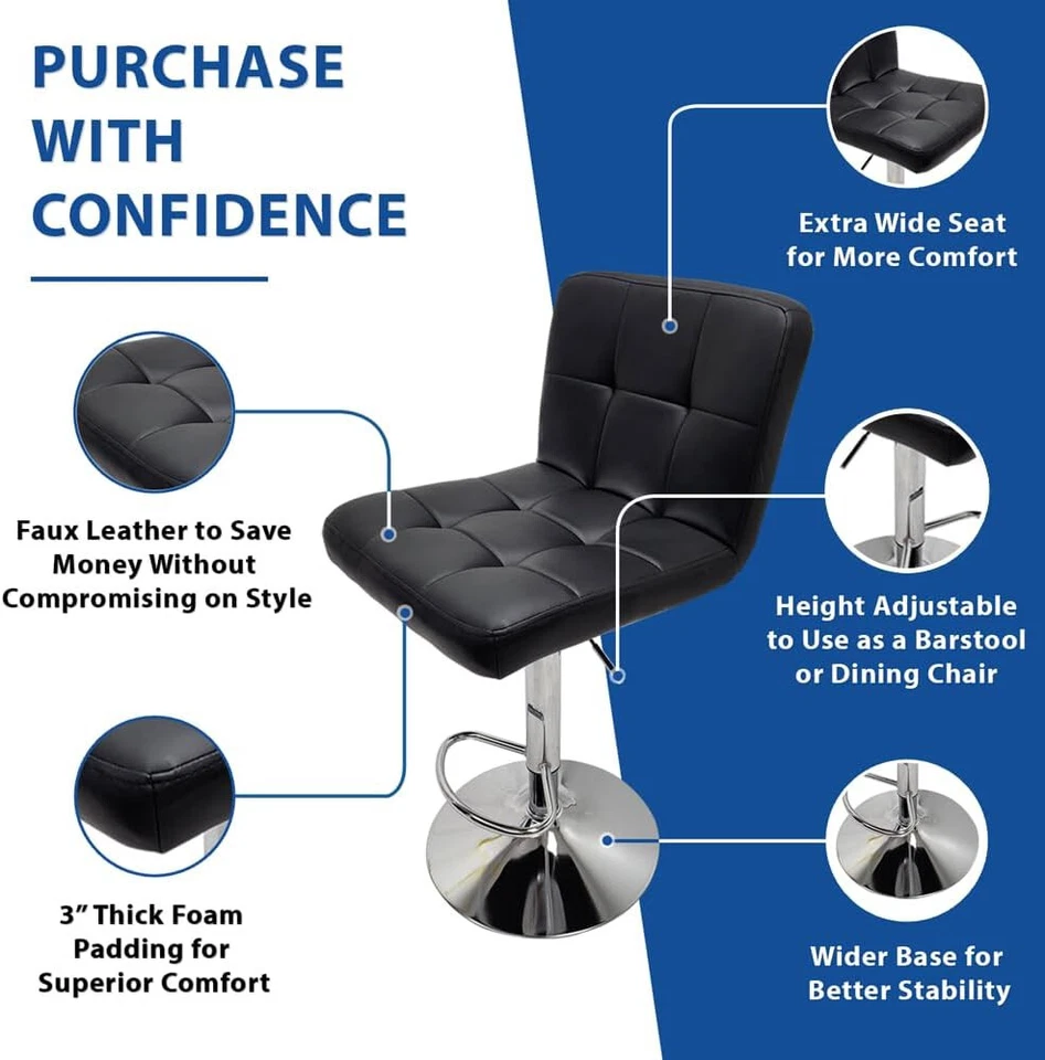 Set of 2 Adjustable Swivel Bar Stools - Modern PU Leather Dining Chairs - Image 4 of 4