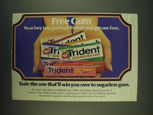 1985 Trident Gum Ad Free Gum Now Buy Two Packs Of Trident And Get One Free Ebay