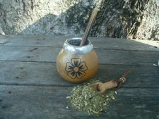  Mate Gourd Hand Made  Cup + Bamboo Straw Engraving Laser  Flower BONUS Spoon