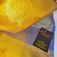 VTG Chandrakala Banarasi Gold Blue Woven Shawl Tree Motif Textile India 92x35