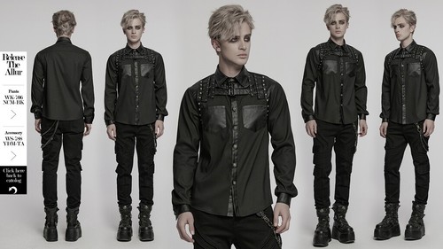 Punk Rave Men Black Gothic Punk Handsome Street Long Sleeve Shirt Slim Blouse - Picture 10 of 18