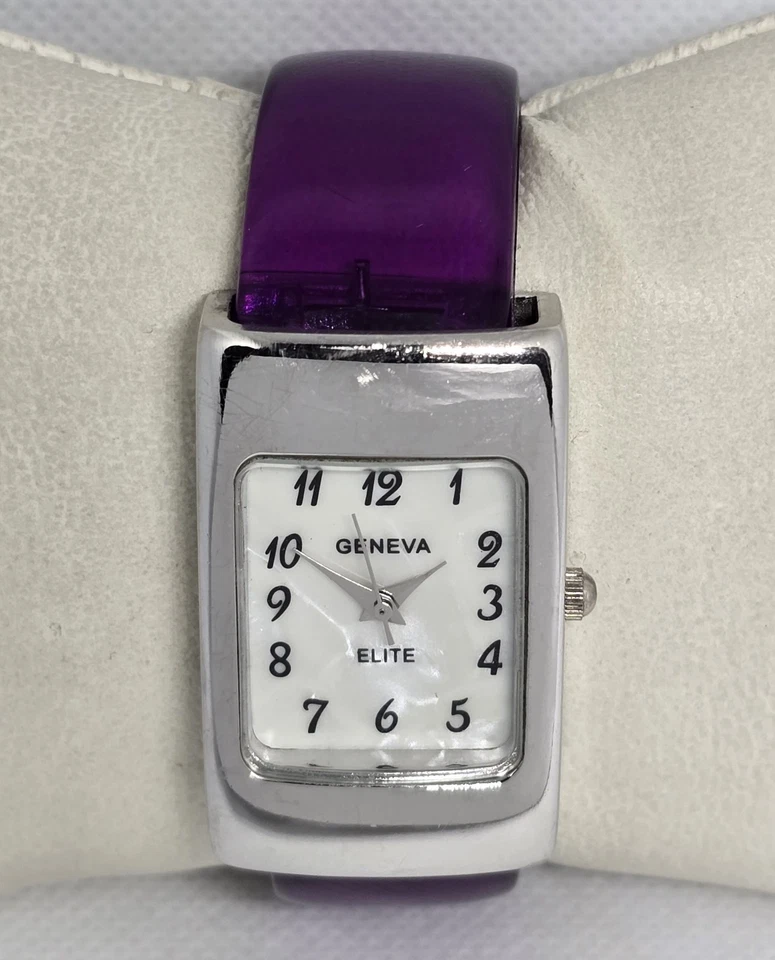 Reloj pulsera para mujer Geneva Elite rectangular tono plata púrpura plástico brazalete 12 Foto 4 de 4