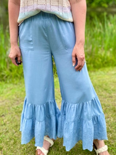 Umgee Womens Size M Dusty Blue Eyelet Hem Wide Leg Bell Bottom Pants Boho Pocket - Picture 9 of 9