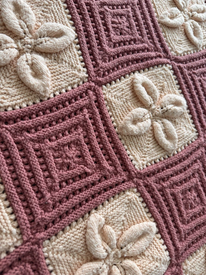 Manta floral 3D vintage tejida a mano ganchillo abuela rosa melocotón afgano 65/40 Foto 2 de 4