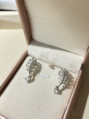 925 Silver Feather Stud Earrings Cubic Zirconia Dainty Women Gift