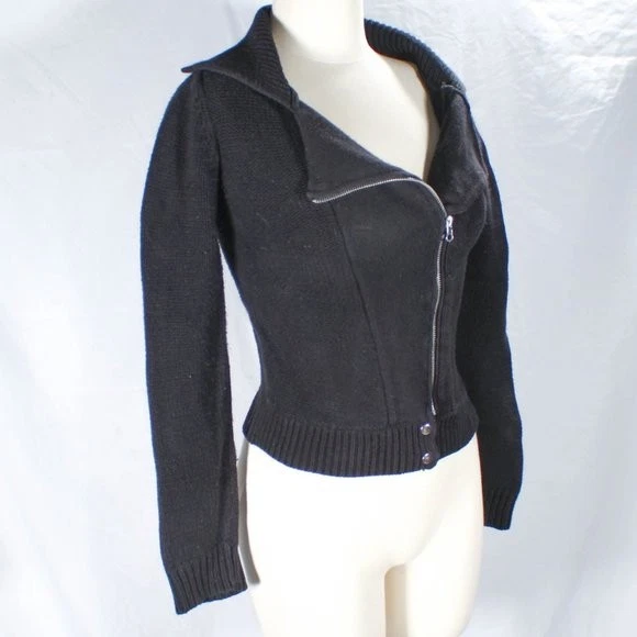 Heart N Crush Knit Moto Jacket Black Zip-Up Sweater Grunge Rocker Y2K 90s Style - Image 3 of 4
