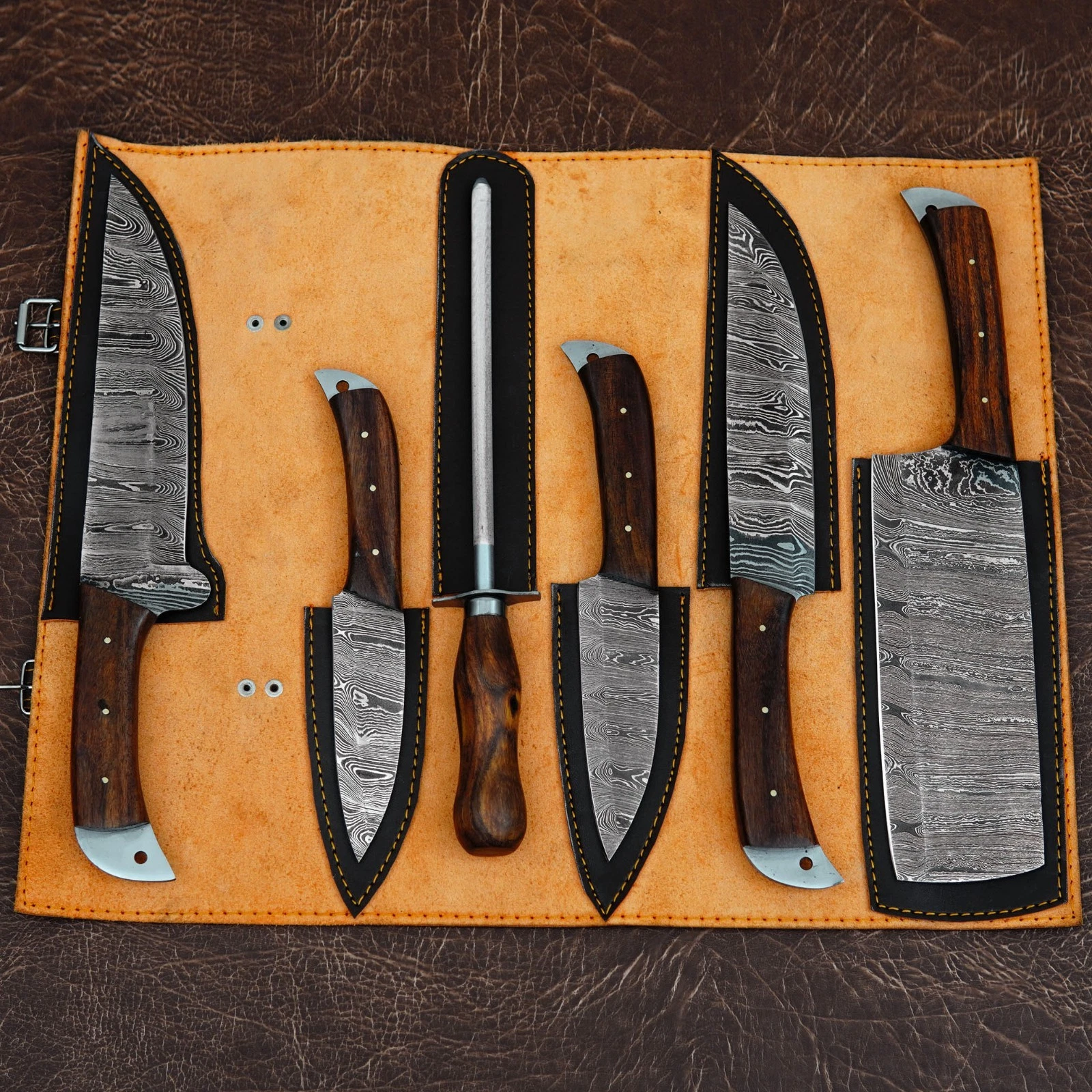 Handmade Damascus Steel 6 Piece Chef Knife Kitchen Set Wood Handle With Sheath