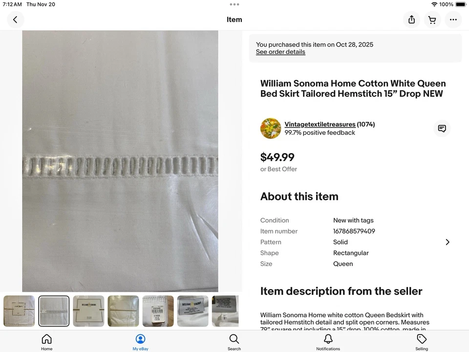 William Sonoma Home Cotton White Queen Bed Skirt Tailored Hemstitch 15” Drop NEW - Image 2 of 4