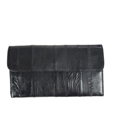 VINTAGE Eel Skin Wallet Bi-fold Black Snap Button Checkbook Cards Coins Korea