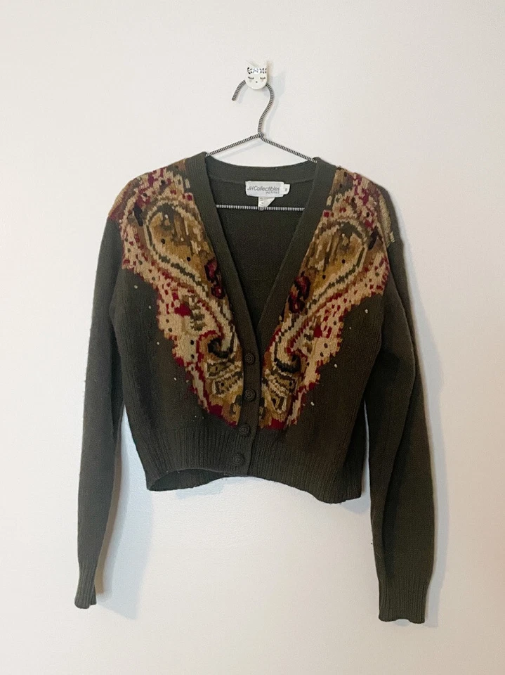 Cárdigan recortado vintage de lana de cordero verde talla S Petite Granny Cottagecore Praire