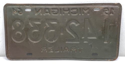 Vintage 64 Michigan Trailer License Plate I42-338 Man Cave Decor EXPIRATION 1964 - Picture 2 of 9