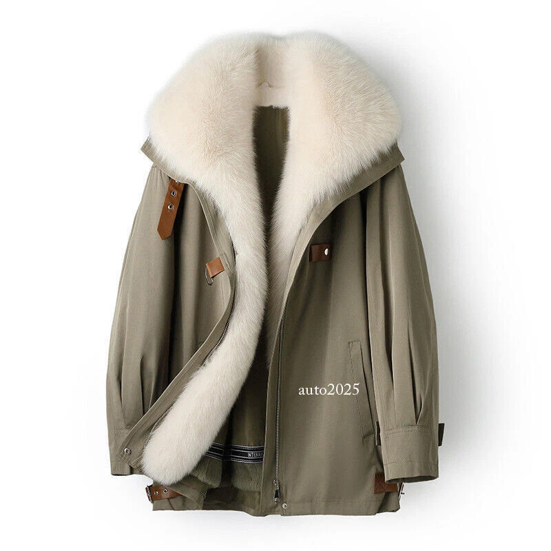 OFF WHITE Giacca pelliccia di volpe 100% donna pelliccia lunga con cappuccio Rex fodera pelliccia di coniglio cappotti invernali