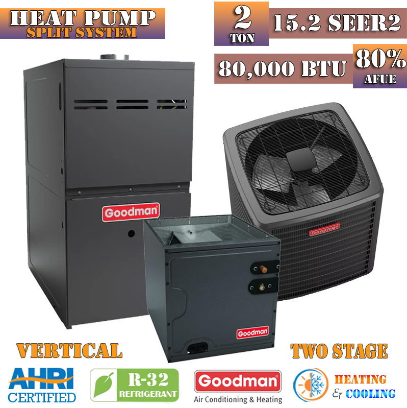R32 Goodman Ton Heat Pump Furnace Split System SEER2 80