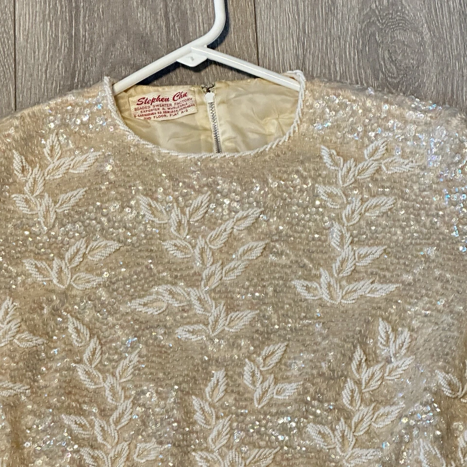 Vtg Stephen Chu Top Cream Ivory Floral Beaded Sequin Long Sleeve Zip Back Dangle - Image 2 of 4