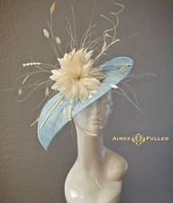 Aimee Fuller Kentucky Derby Fascinator Soft Baby Blue Hat Cream Feathers Del Mar