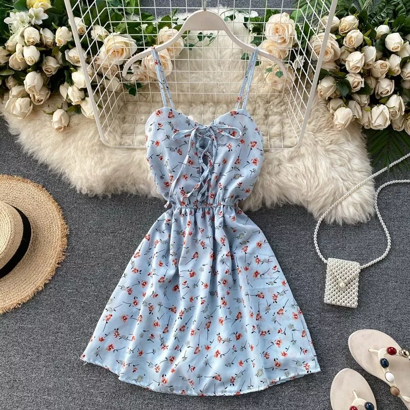 Floral Print Mini Spaghetti Strap Dress - Simple Casual Summer Wear For  Women